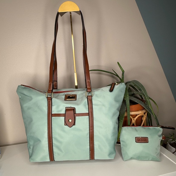 Dooney & Bourke Handbags - Dooney & Bourke Mint Nylon Shopper Tote + Pouch Leather Trim Stripe Lining